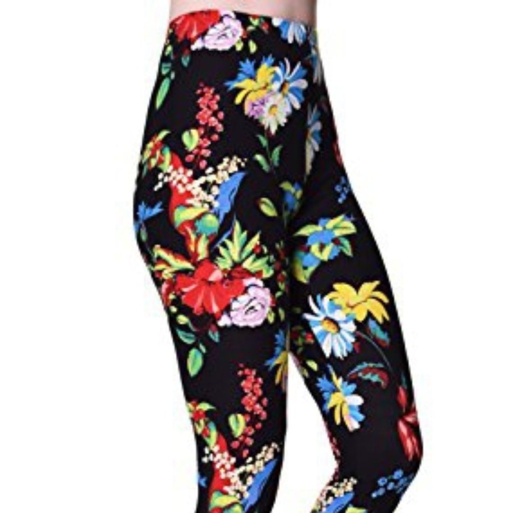 VIV COLLECTION OS S-L Boho Brushed Black Wildflower Pattern Stretch Leggings